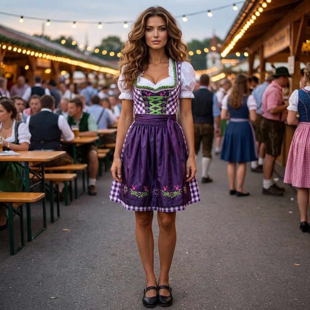 Purple Gingham Dirndl with Green Lace-Up Bodice and Embroidered Apron